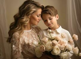 mère avec fils avec fleurs photo