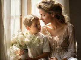 mère avec fils avec fleurs photo