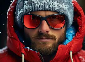 une skieur portant ski des lunettes de protection et une ski casque photo