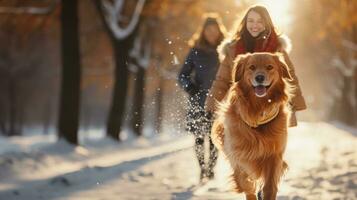 fille en marchant avec sa chien dans hiver parc photo
