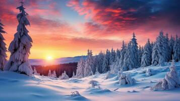 hiver paysage avec couvert de neige des arbres et une magnifique le coucher du soleil dans le Contexte photo