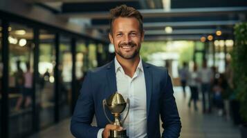 Succès homme d'affaire en portant trophée avec radieux sourire photo