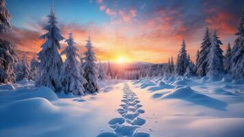 hiver paysage avec couvert de neige des arbres et une magnifique le coucher du soleil dans le Contexte photo