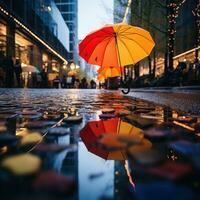 pluvieux temps, coloré parapluies, flaques d'eau, reflets photo