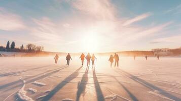 groupe de gens la glace patinage sur congelé Lac photo