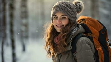 femme avec écharpe et chapeau dans neigeux forêt photo