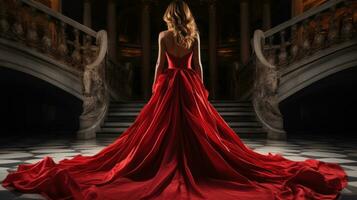 femme dans élégant rouge robe avec train photo