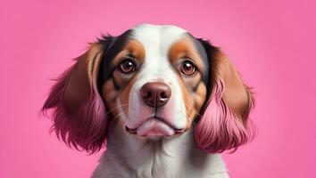 portrait de une chien avec rose cheveux sur une rose Contexte. photo