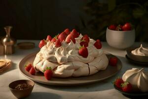 Pavlova fraise plaque. produire ai photo