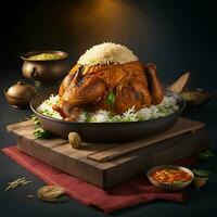 fraîchement cuit poulet biryani avec basmati riz sur une en bois tableau, ai génératif photo