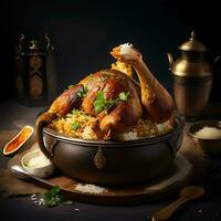 fraîchement cuit poulet biryani avec basmati riz sur une en bois tableau, ai génératif photo