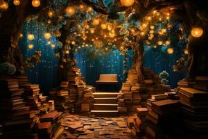 la magie forêt avec vieux livres et lumière ampoules. 3d le rendu, entrer une capricieux littéraire pays des merveilles, où flottant livres créer enchanteur voies de mots et des idées, ai généré photo