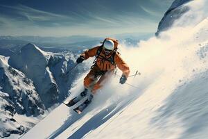 skieur ski une descente dans haute montagnes. sport et actif la vie concept, extrême ski et sauter sur le neige, arrière voir, non visible visages, ai généré photo