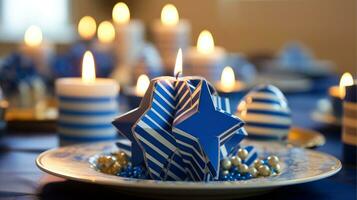 Hanoukka de fête fête concept, lueur de le menorah avec brillant bougies et étoile, génératif ai illustration photo