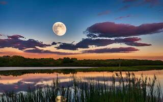 éclairé par la lune tranquillité, une céleste symphonie réfléchi dans une encore étang. ai généré photo