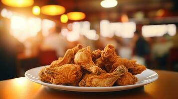 frit poulet sur blanc plat avec brouiller de fête Contexte. génératif ai photo