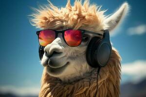 cool lama avec des lunettes ambiance à musique, mettant en valeur intellect et style ai généré photo