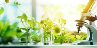 scientifique percée, microscope et Jeune plante dans tester tube - laboratoire recherche et biotechnologie concept - ai génératif photo