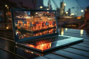 global affaires représenté par cargaison bateau, ordinateur portable, symbolisant la logistique et La technologie synergie ai généré photo