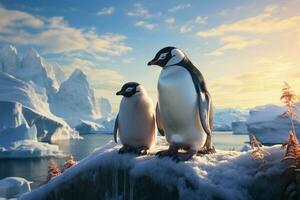 pingouins paisible moment sur glacé rive, encadré par colossal icebergs ai généré photo