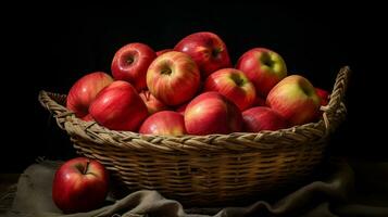 une osier panier rempli avec rouge et Jaune pommes, génératif ai photo