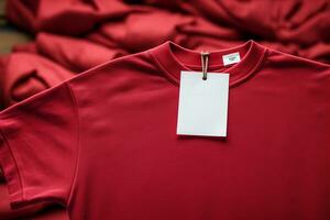 une rouge chemise avec une blanc étiquette attaché à il ai généré photo
