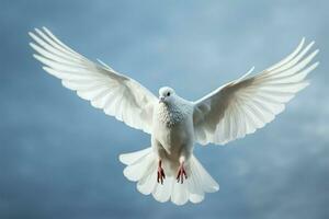 retour Pigeon dans vol, ses blanc plumes planant par air ai généré photo