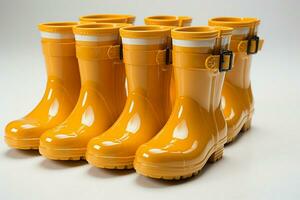 vif protection, collection de Jaune pluie bottes présenté sur nettoyer blanc toile de fond ai généré photo