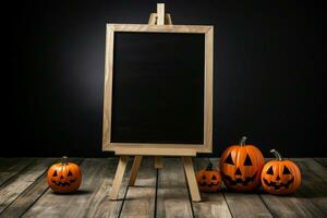 tableau noir supporter Caractéristiques Halloween citrouilles sur une noir arrière-plan, en bois sol ai généré photo