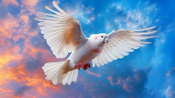 une grand blanc oiseau en volant par une bleu ciel, génératif ai photo