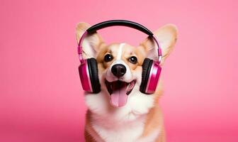 ai génératif. espiègle corgi immergé dans musique. établi avec ai photo