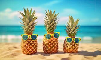 Contexte de ananas avec lunettes de soleil. plage vacances sur île. pour carte postale, livre illustration. établi avec génératif ai outils photo