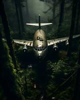 photo abandonné avion dans pluie forêt génératif ai