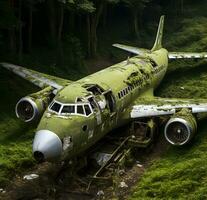 photo de abandonné avion dans le forêt ai généré