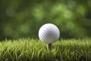 blanc le golf Balle sur en bois tee avec herbe. génératif ai photo