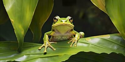 baveux grenouille sur feuilles, grenouille, amphibie, reptile. génératif ai photo