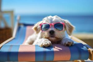 chien chiot portant des lunettes de soleil, mensonge sur une transat à bain de soleil à le plage mer sur été vacances, vacances. marrant concept. ai génératif photo