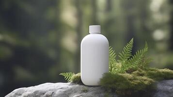 Naturel cosmétique produit présentation coulisses. en plein air forêt placement. blanc Vide pot shampooing bouteille. 3d. ai génératif photo