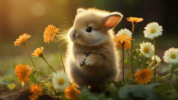 adorable lapin reniflement une fleur. photo