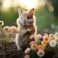 adorable lapin reniflement une fleur. photo