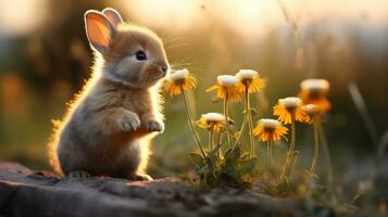 adorable lapin reniflement une fleur. photo