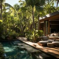 élégant au bord de la piscine cabanas avec luxuriant tropical feuillage. photo