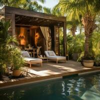 élégant au bord de la piscine cabanas avec luxuriant tropical feuillage. photo