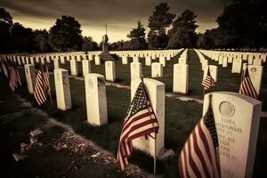 américain drapeau agitant suivant à une la tombe à le américain cimetière et Mémorial. neural réseau ai généré photo