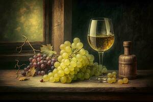 verre de sec blanc du vin mûr les raisins et verre sur table dans vignoble. neural réseau ai généré photo