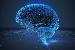 Humain cerveau forme de un artificiel intelligence avec ligne points sur foncé bleu Couleur Contexte. numérique La technologie cerveau concept. neural réseau ai généré photo