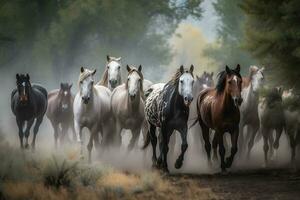 une troupeau de les chevaux galope et court. neural réseau ai généré photo