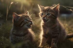 mignonne peu chatons dans le herbe dans la nature. neural réseau ai généré photo