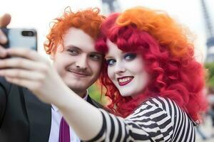 content souriant couple en voyageant dans France prise selfie dans Paris. neural réseau ai généré photo