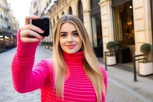 blond fille dans rose vêtements fait du une selfie. neural réseau ai généré photo